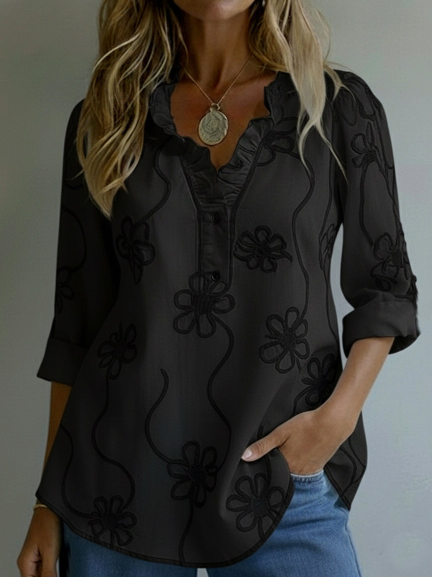 Voile™ | Camisa floral de estilo retro romántico con cuello con volantes