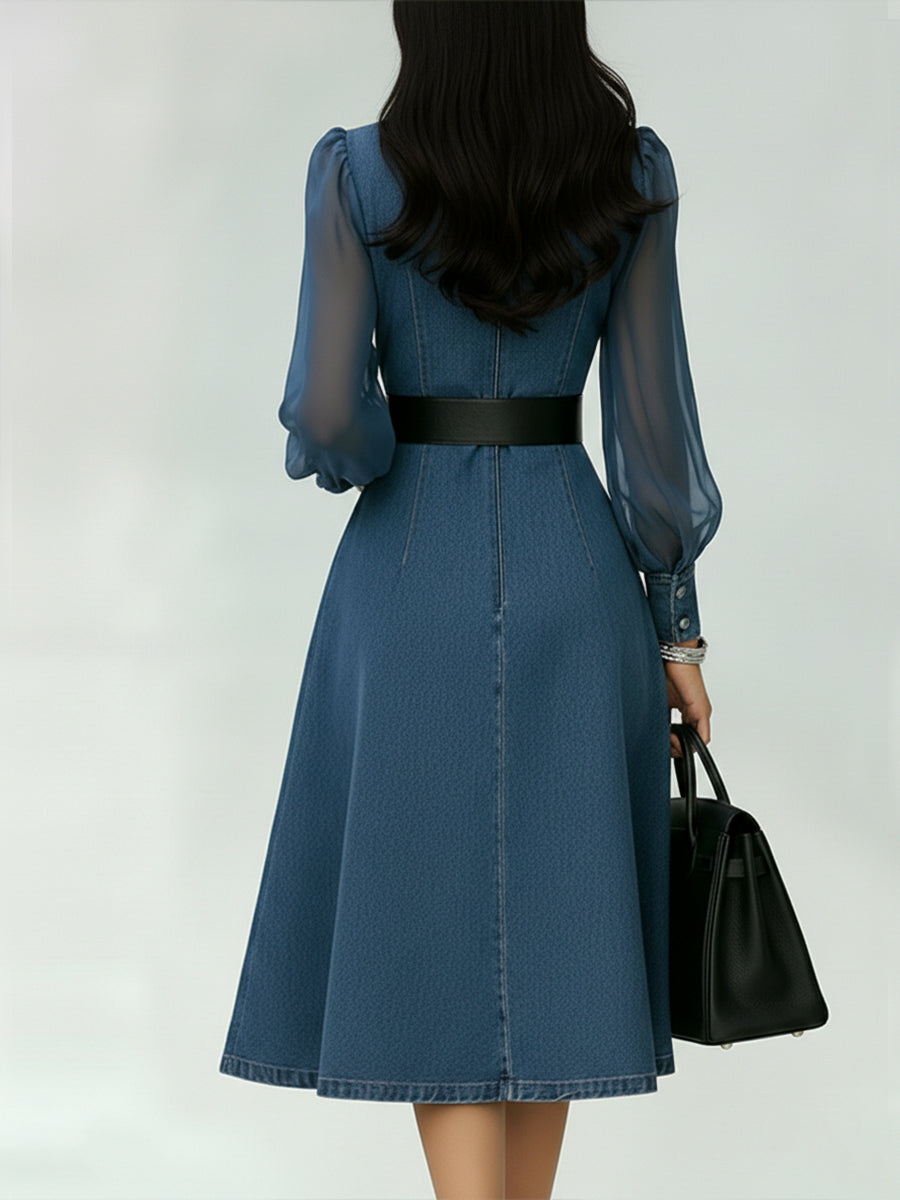 Thalía™ | Elegante vestido vaquero con paneles de organza en las mangas.