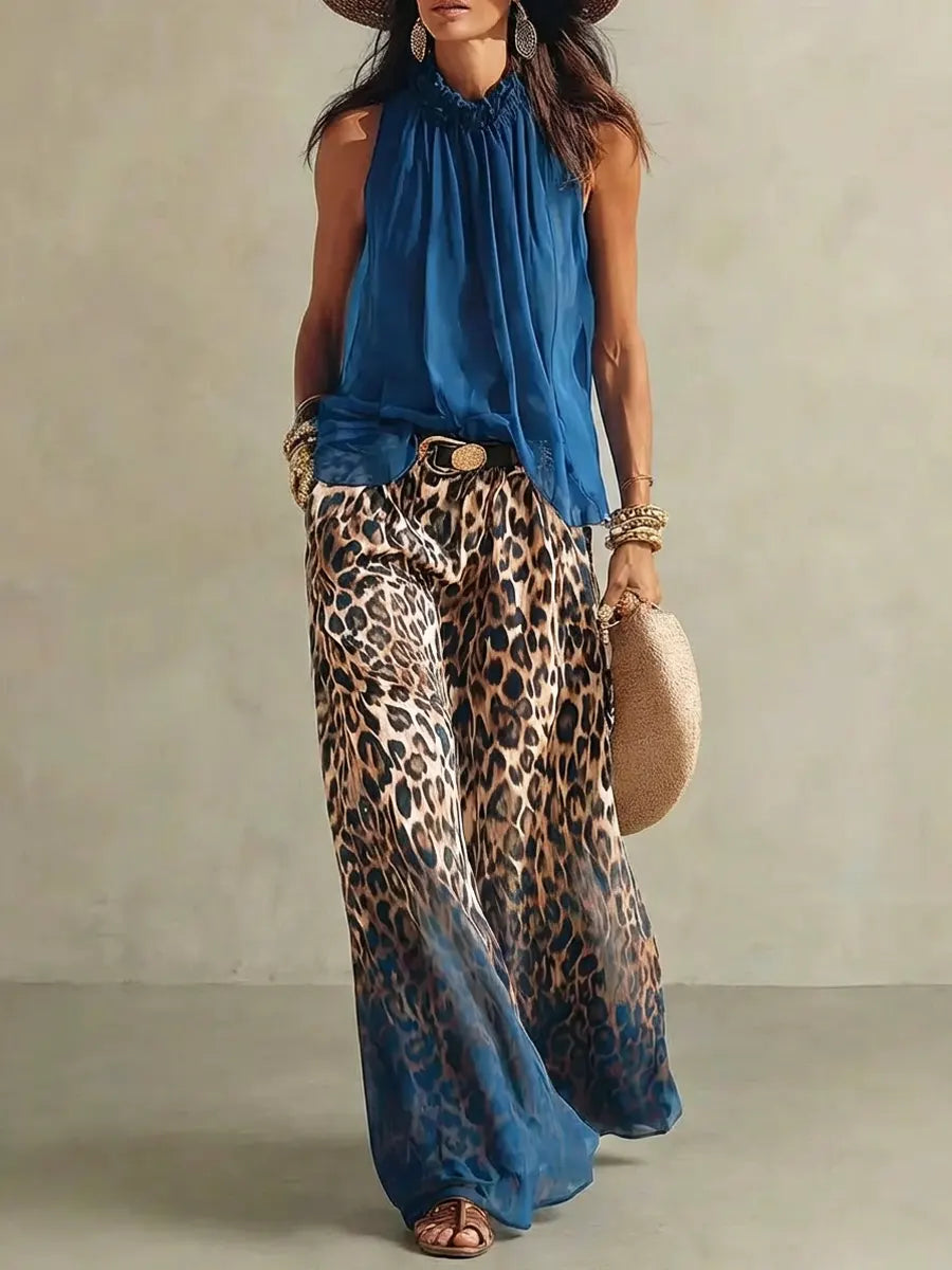 Onyxí™ | Conjunto de top sin mangas de estilo retro y pantalones con estampado de leopardo para mujer