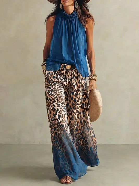 Onyxí™ | Conjunto de top sin mangas de estilo retro y pantalones con estampado de leopardo para mujer