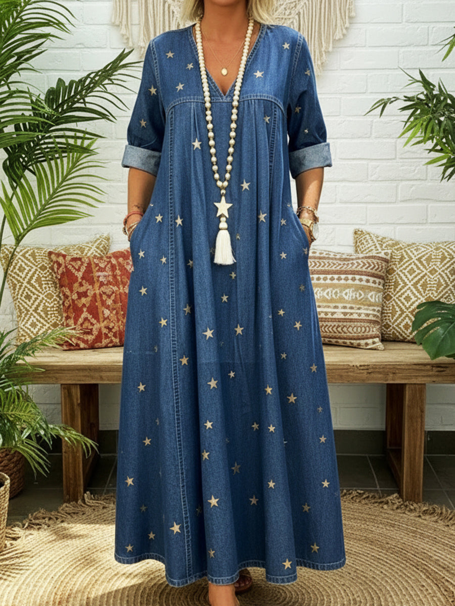 Alure™ | Vestido informal de denim 100 % algodón con estampado de estrellas doradas