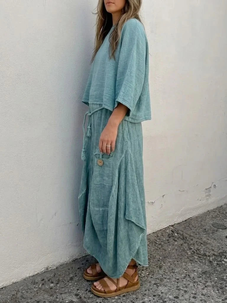 Gazza™ | Conjunto de algodón y lino con efecto vintage desgastado para mujer