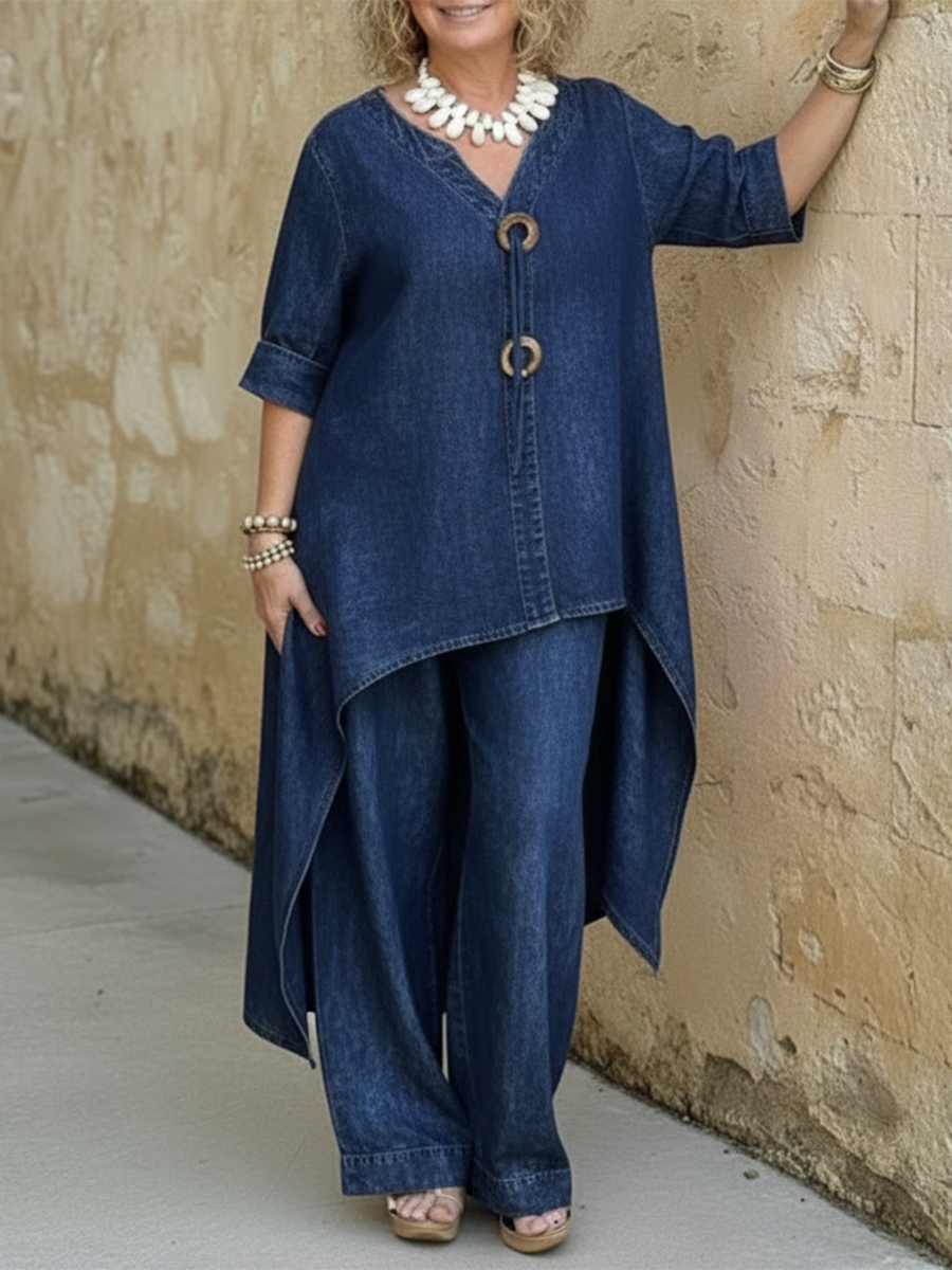 Anastasia™ | Conjunto de dos piezas compuesto por un top informal de denim con detalles de botones y unos pantalones de pierna ancha