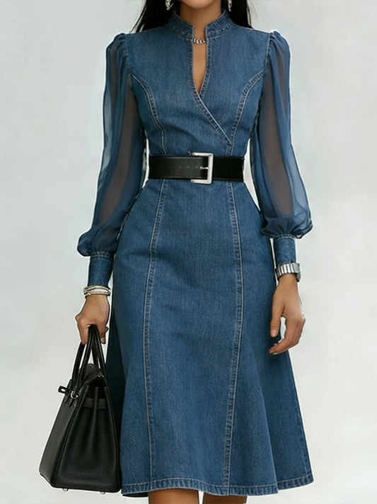 Thalía™ | Elegante vestido vaquero con paneles de organza en las mangas.