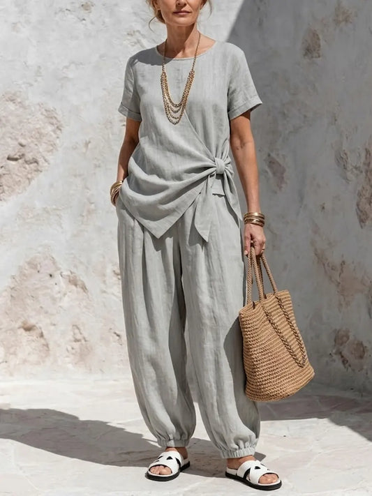 Organza™ | Conjunto de algodón y lino para mujer: top informal de corte asimétrico y pantalones acampanados