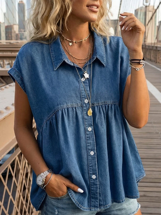Adora™ | Camisa vaquera informal holgada de manga corta con solapas para mujer
