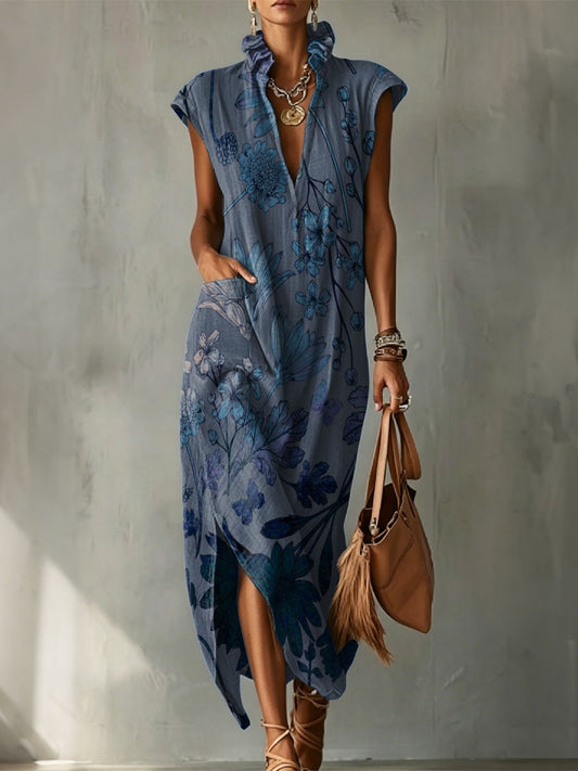 Maja™ | Vestido de algodón y lino para mujer con cuello redondeado y un elegante estampado floral decorativo en degradado de colores