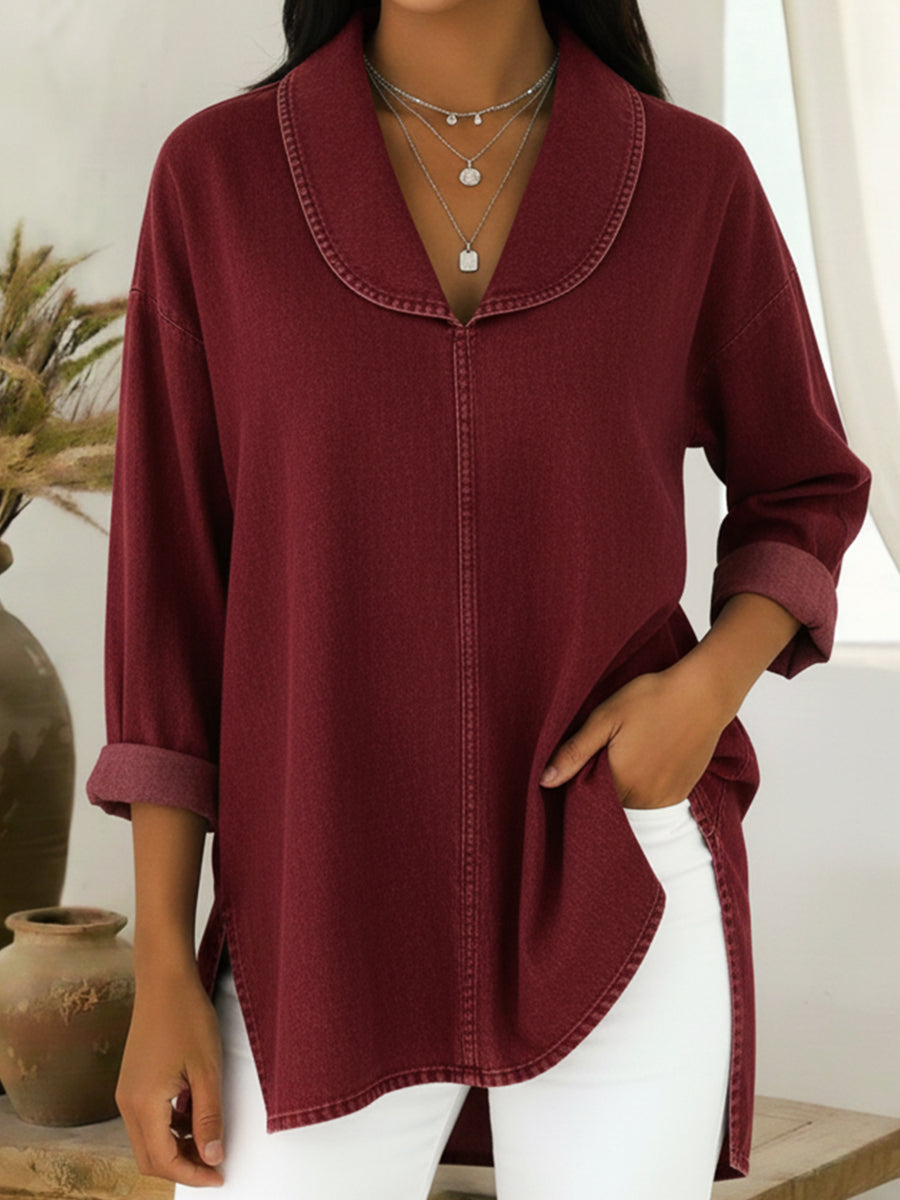Shale™ | Top de algodón vaquero con cuello chal de estilo retro