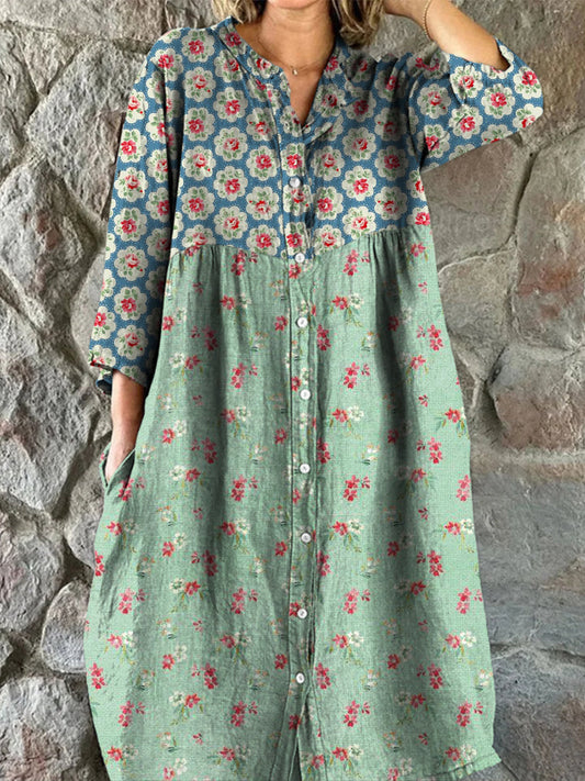 Lanuola™ | Vestido midi de estilo vintage chic con estampado floral retro, cuello en V abotonado y mangas largas