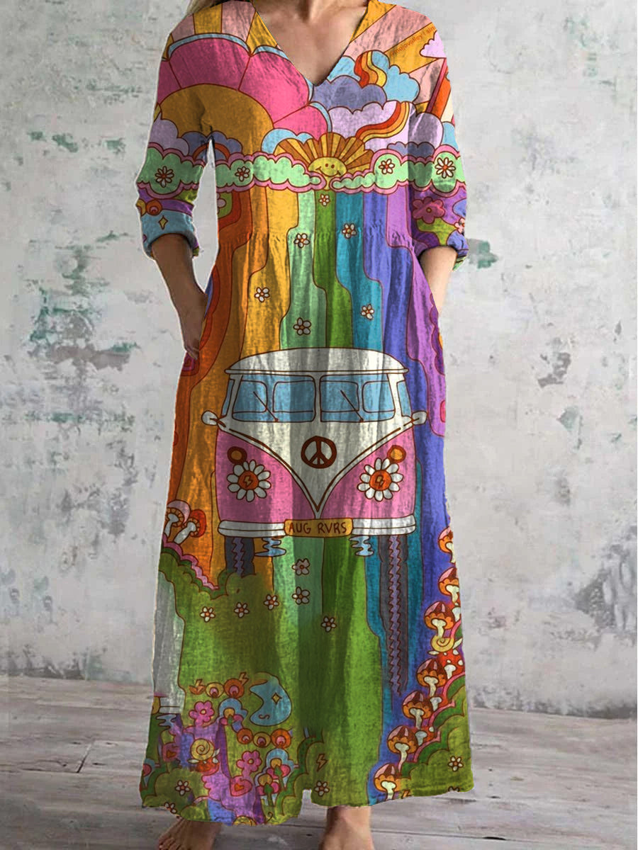 Vintage Hippie Art Print Chic col V trois quarts manches élégante robe Midi