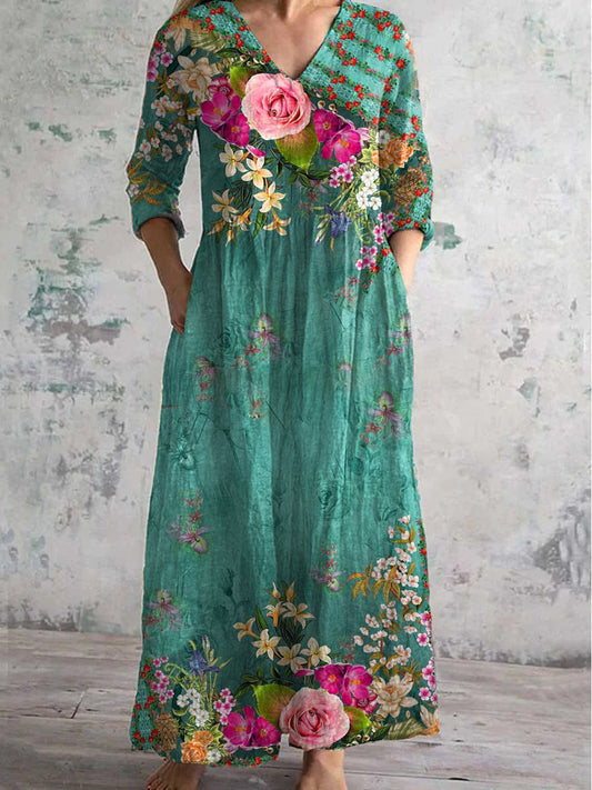 Gaukhar™ | Vestido midi elegante con estampado floral vintage, cuello en V y mangas tres cuartos
