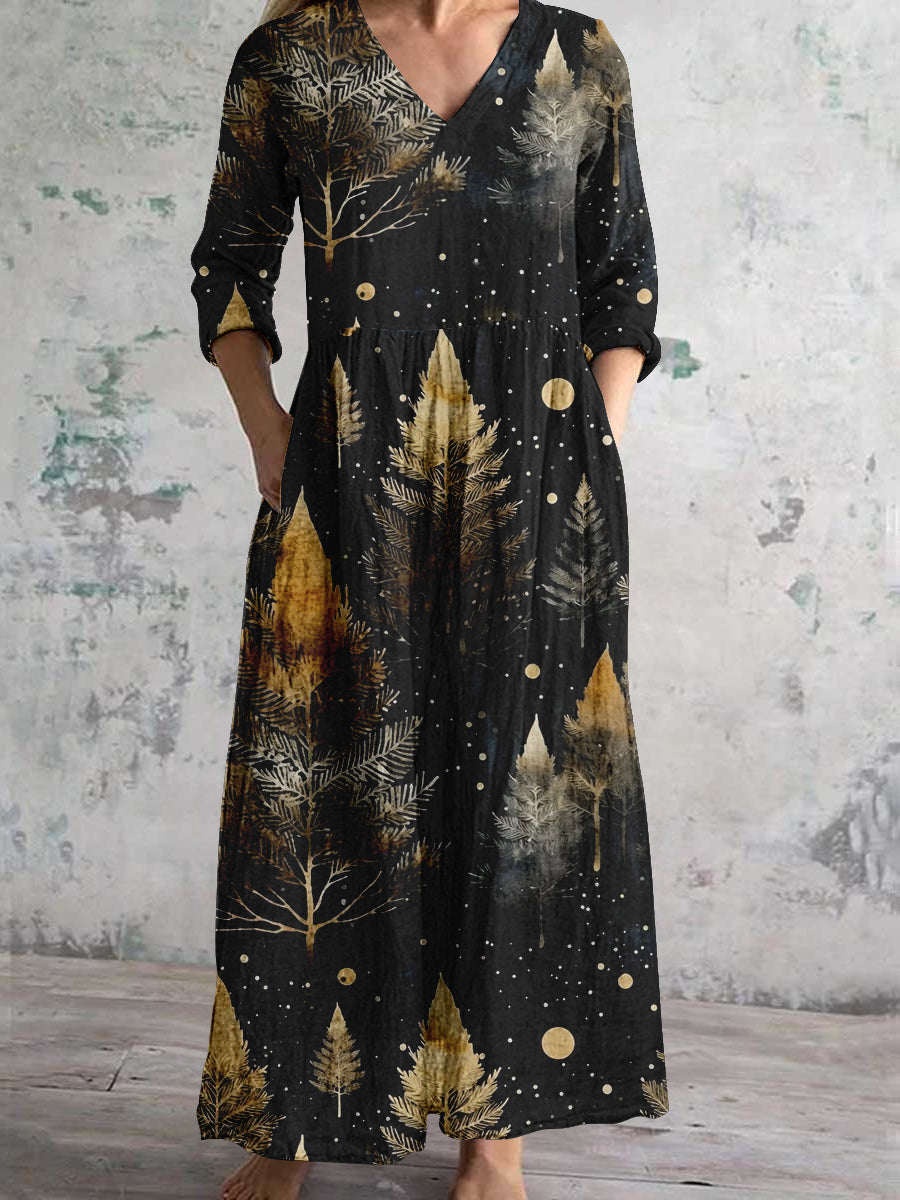 Tiare™ | Vestido de corte recto con mangas largas y cuello en V, estampado de árbol de Navidad, para mujer