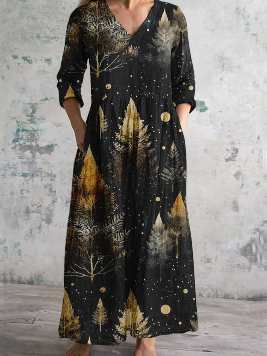 Tiare™ | Vestido de corte recto con mangas largas y cuello en V, estampado de árbol de Navidad, para mujer
