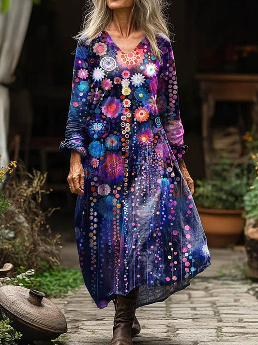 Mielle™ | Vestido midi vintage con estampado floral, cuello en V elegante y corte holgado, de manga larga