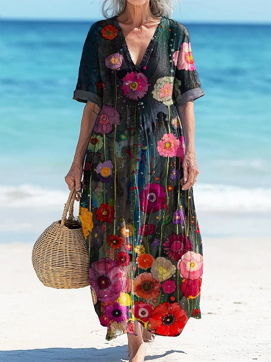 Zerya™ | Vestido midi de estilo retro boho con estampado floral, cuello en V, corte holgado y manga larga