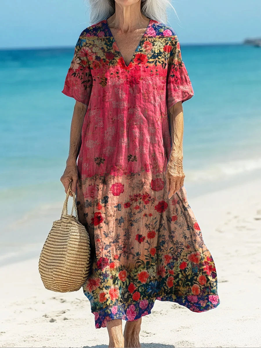 Rétro Boho Floral Art Imprimé V-cou Vintage lâche manches longues robe Midi
