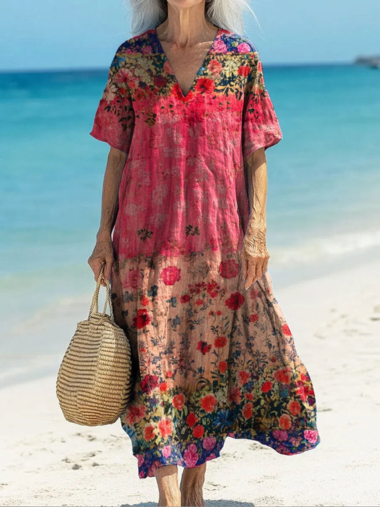 Rétro Boho Floral Art Imprimé V-cou Vintage lâche manches longues robe Midi