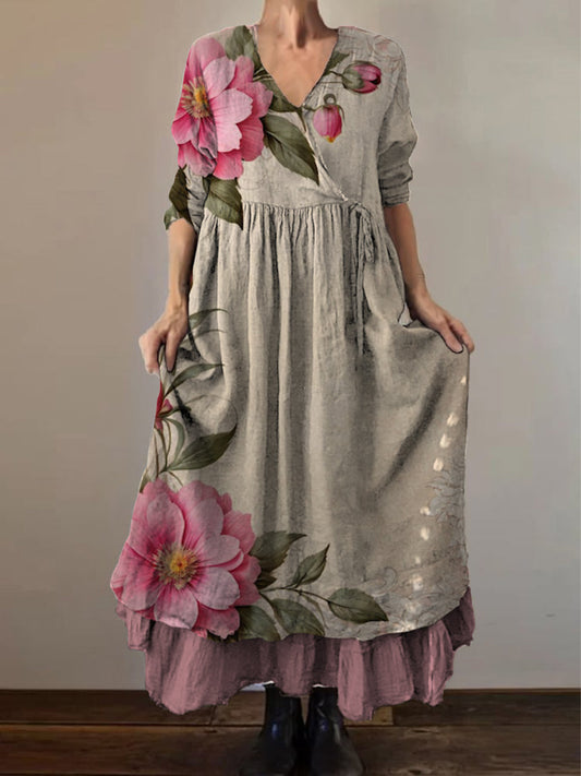 Talila ™ | Vestido midi de algodón con estampado floral botánico retro boho, cuello en V, doble dobladillo y mangas largas