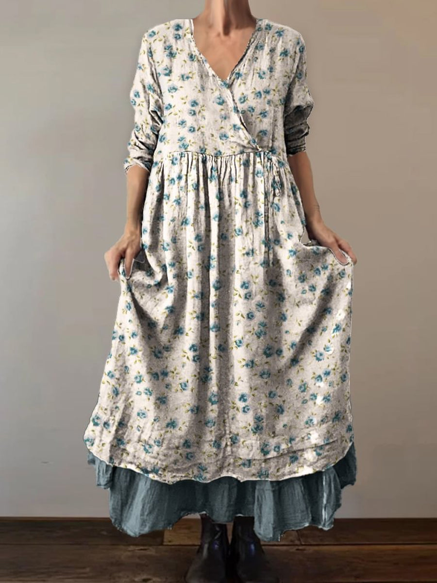 Anara™ | Vestido midi de algodón con estampado floral botánico retro boho, cuello en V, doble dobladillo y mangas largas