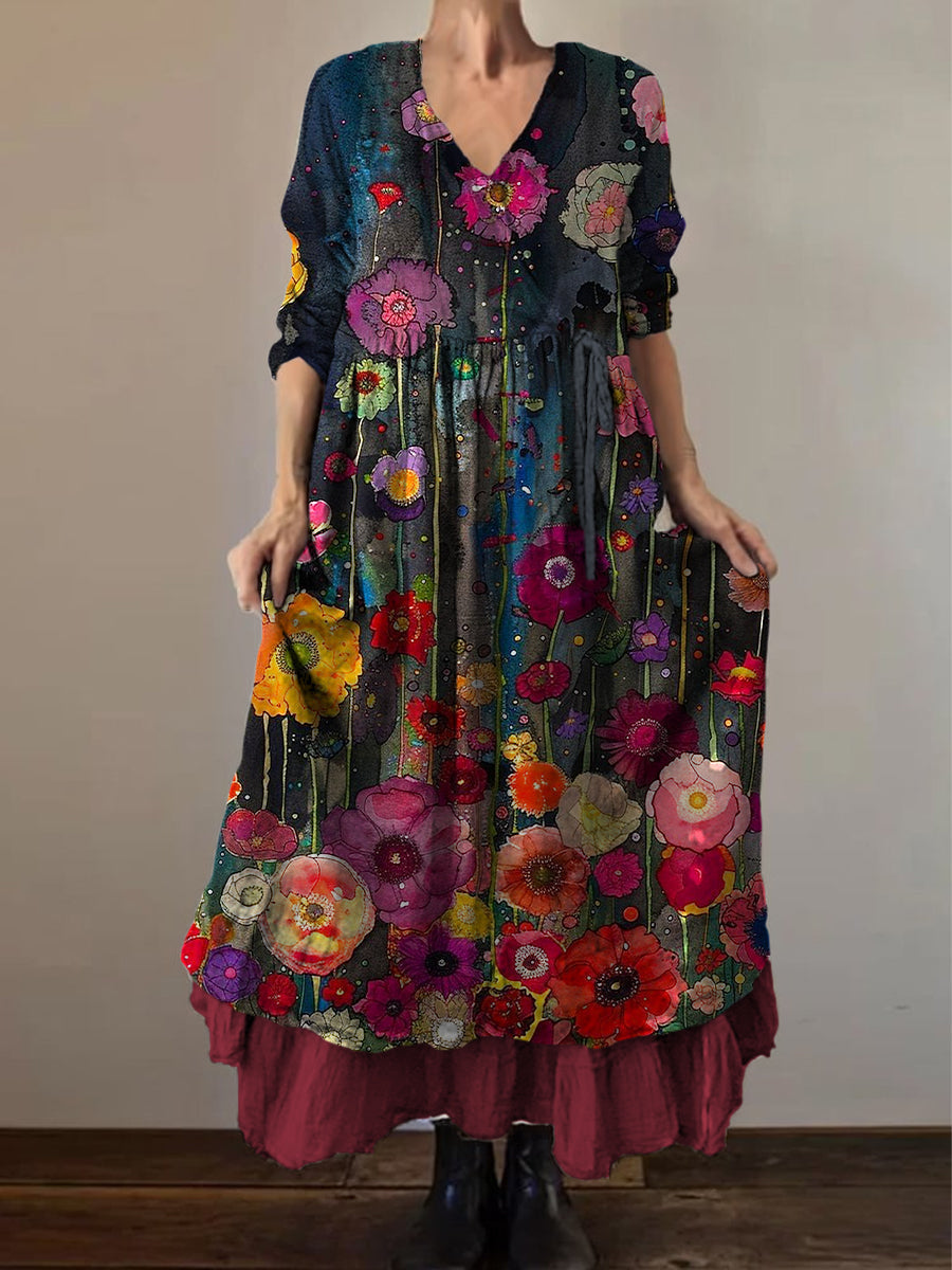 Mereana™ | Vestido midi de algodón con estampado floral botánico retro boho, cuello en V, doble dobladillo y mangas largas
