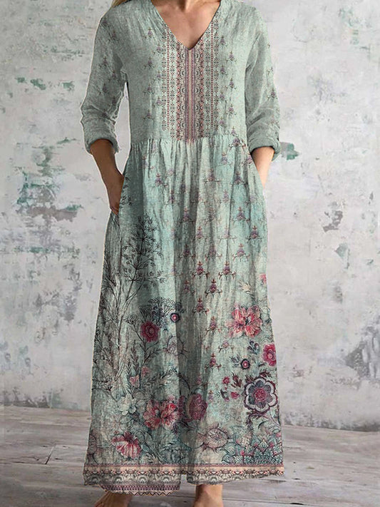Eya™ | Vestido midi bohemio y elegante con cuello en V y estampado floral vintage para mujer