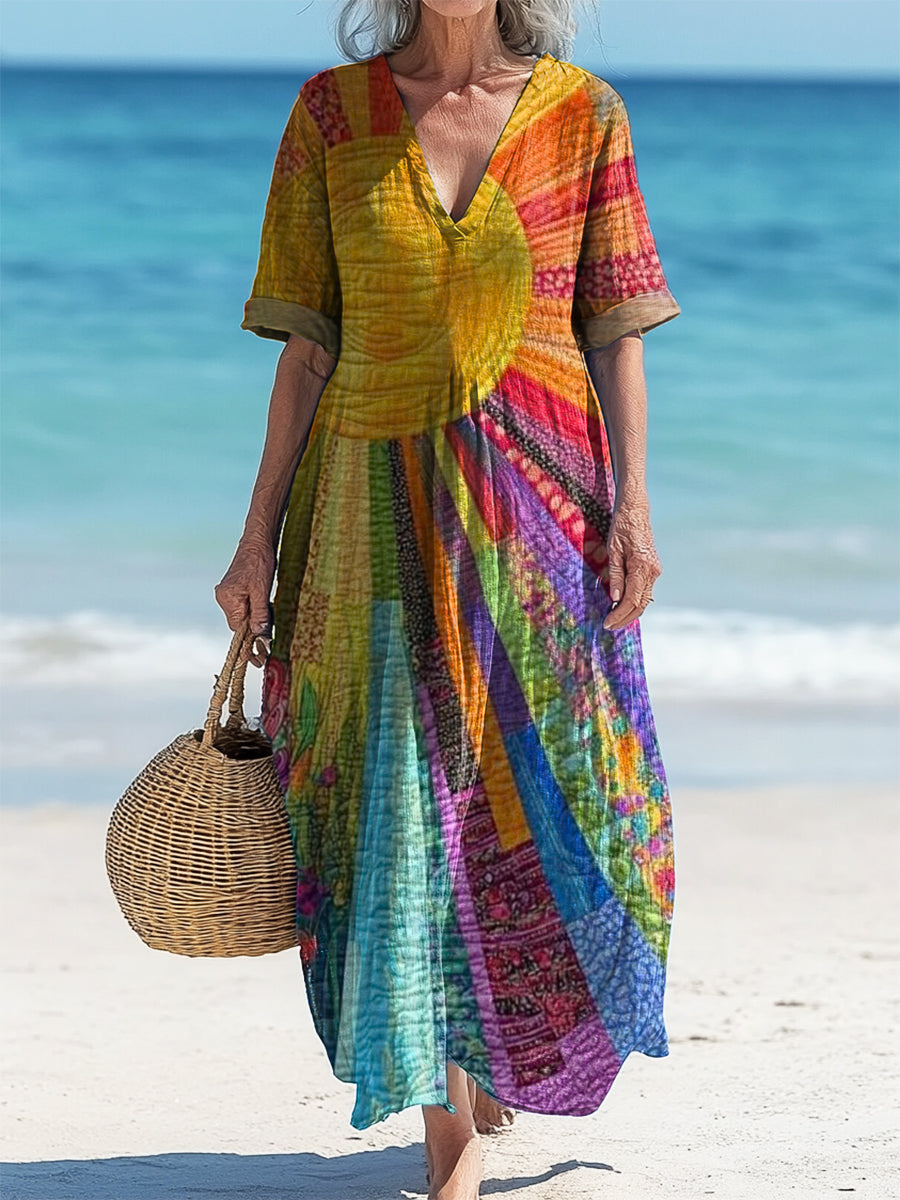 Rosyn™ | Vestido midi holgado, elegante y chic, con estampado floral vintage y cuello en V