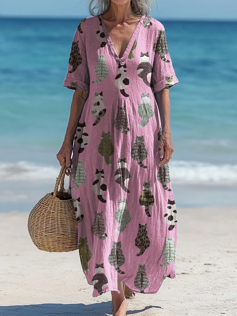 Lunette™ | Vestido midi holgado, elegante y chic, con estampado floral vintage y cuello en V