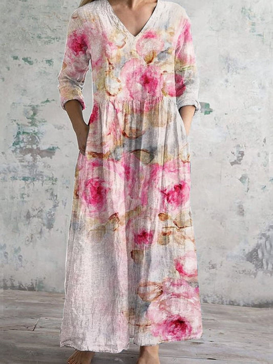 Sybil™ | Vestido midi de estilo boho retro con estampado floral, cuello en V y mangas largas holgadas