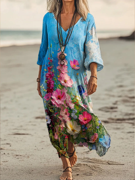 Roxell™ | Vestido midi de estilo boho retro con estampado floral, cuello en V y mangas largas holgadas
