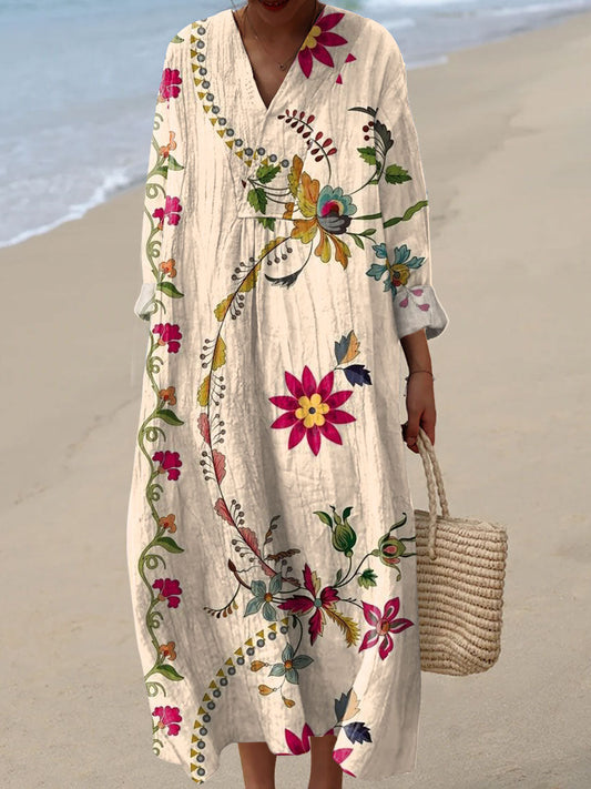 Zaynabu™ | Vestido midi holgado, elegante y chic, con estampado floral vintage y cuello en V