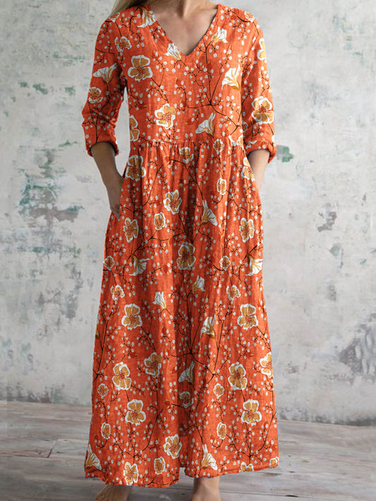 Draka™ | Vestido midi bohemio y elegante con cuello en V y estampado floral vintage para mujer