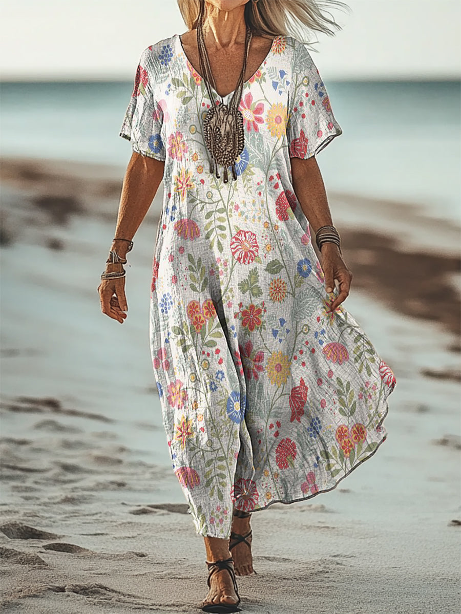 Zionne™ | Vestido midi holgado, elegante y chic, con estampado floral vintage y cuello en V