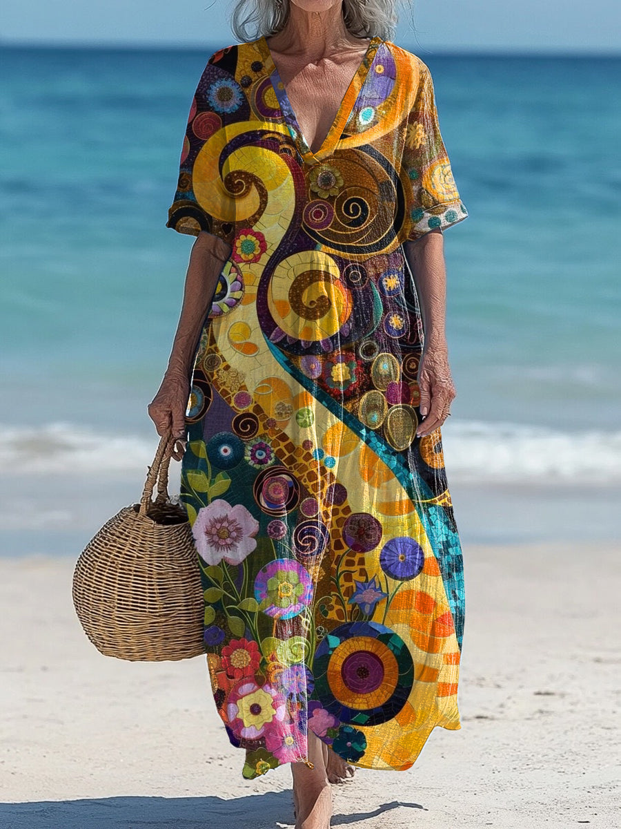 Lanuola™ | Vestido midi holgado, elegante y chic, con estampado floral vintage y cuello en V