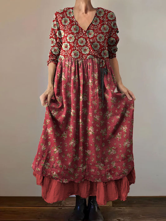 Tiare™ | Vestido midi holgado y elegante de estilo bohemio con cuello en V y estampado floral