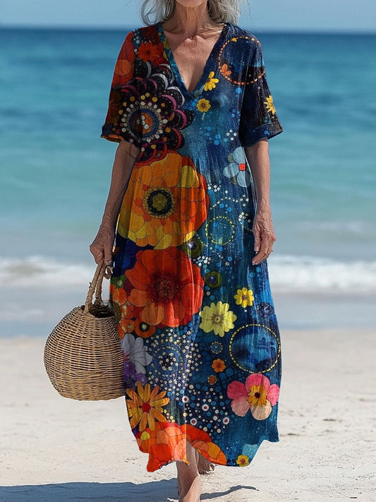 Xora™ | Vestido midi holgado y elegante de estilo bohemio con cuello en V y estampado floral