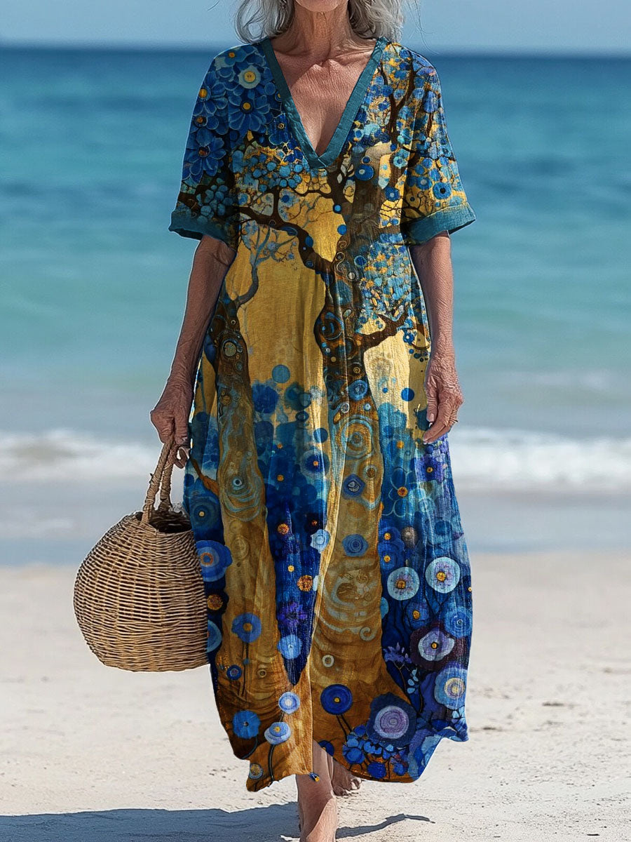 Jindra™ | Vestido midi holgado y elegante de estilo bohemio con cuello en V y estampado floral