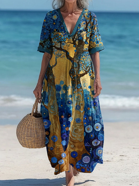 Jindra™ | Vestido midi holgado y elegante de estilo bohemio con cuello en V y estampado floral