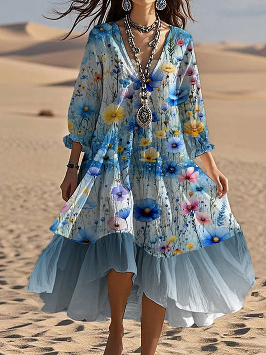 Tati™ | Vestido midi holgado y elegante de estilo bohemio con cuello en V y estampado floral