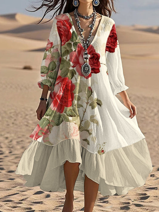 Vaitiare™ | Vestido midi holgado y elegante de estilo bohemio con cuello en V y estampado floral