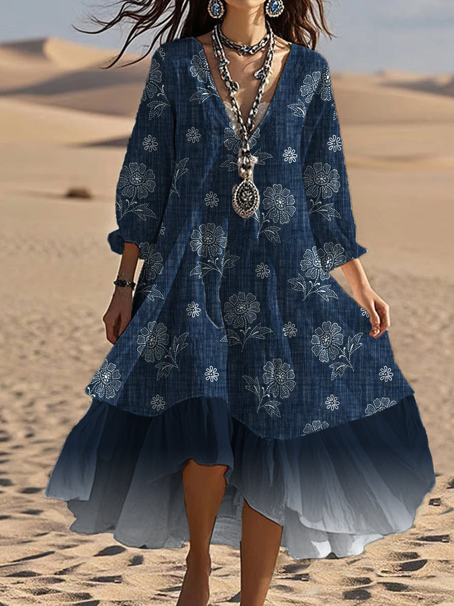 Tyra™ | Vestido midi holgado y elegante de estilo bohemio con cuello en V y estampado floral