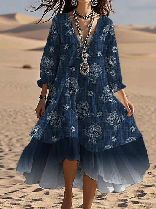 Tyra™ | Vestido midi holgado y elegante de estilo bohemio con cuello en V y estampado floral