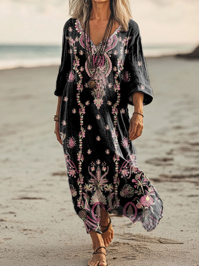 Litia™ | Vestido midi holgado y elegante de estilo bohemio con cuello en V y estampado floral