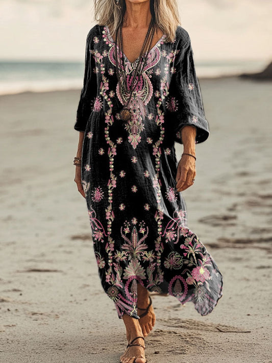 Litia™ | Vestido midi holgado y elegante de estilo bohemio con cuello en V y estampado floral