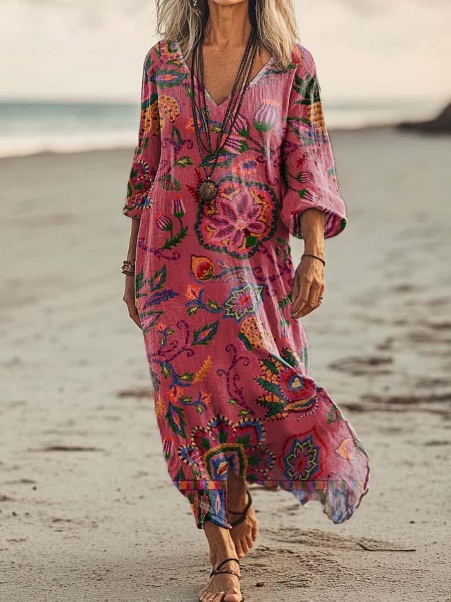 Aigul™ | Vestido midi holgado y elegante de estilo bohemio con cuello en V y estampado floral