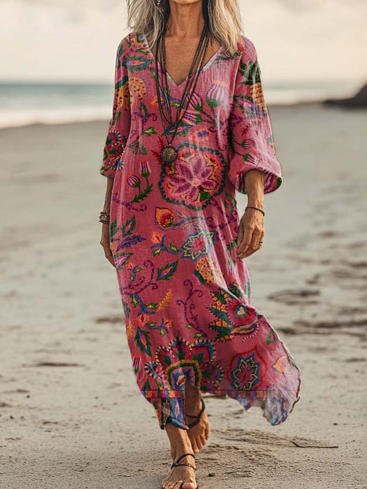Aigul™ | Vestido midi holgado y elegante de estilo bohemio con cuello en V y estampado floral