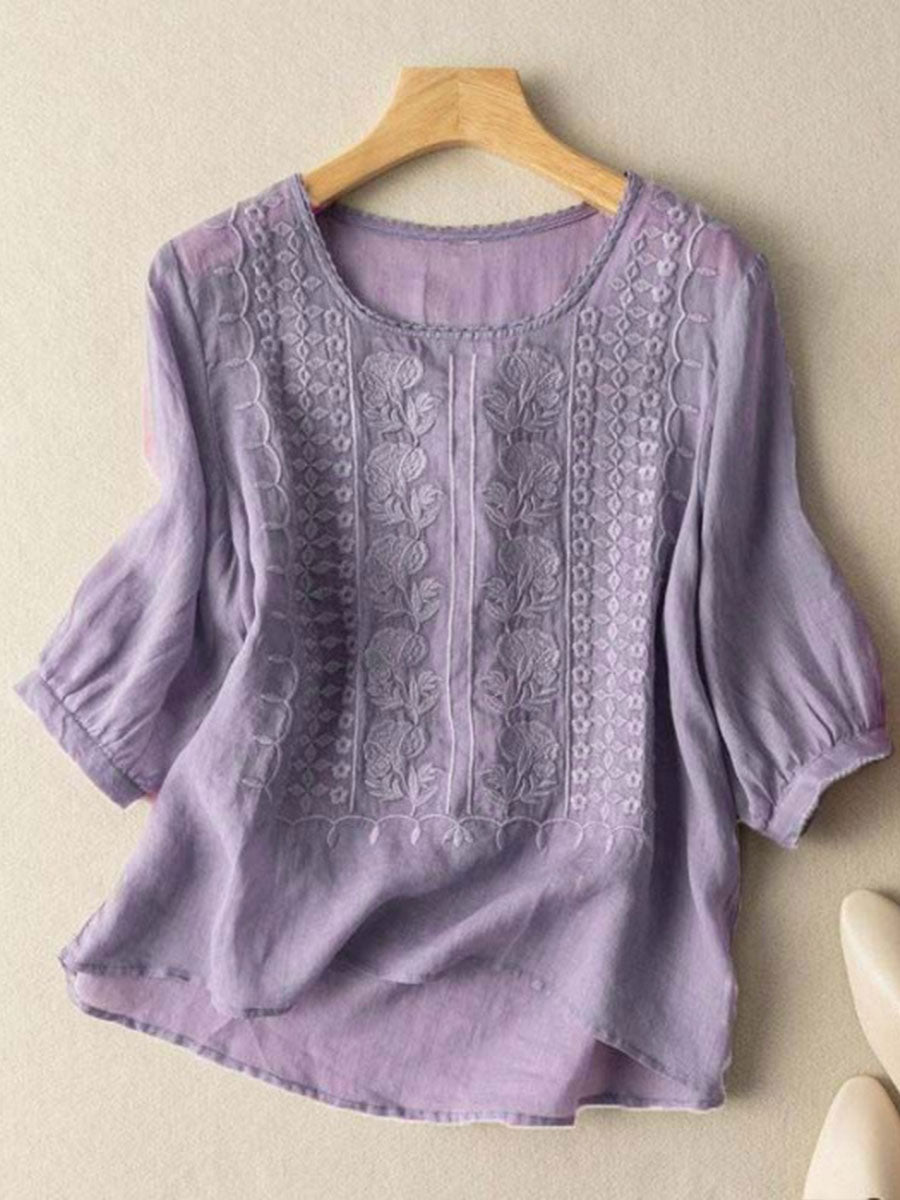 T-shirt décontracté en coton-lin à fleurs pour femmes