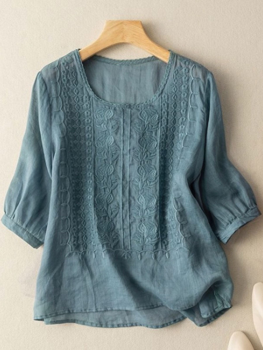 T-shirt décontracté en coton-lin à fleurs pour femmes