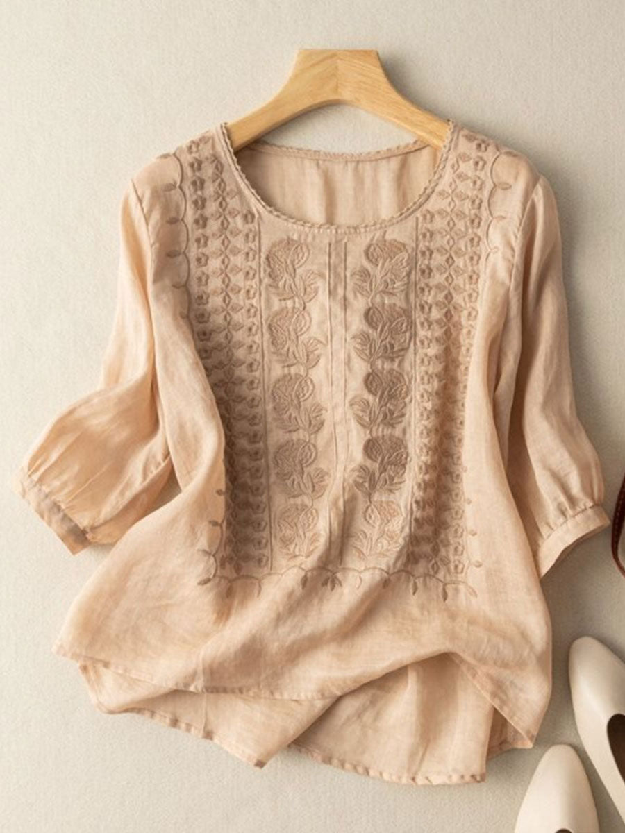 T-shirt décontracté en coton-lin à fleurs pour femmes