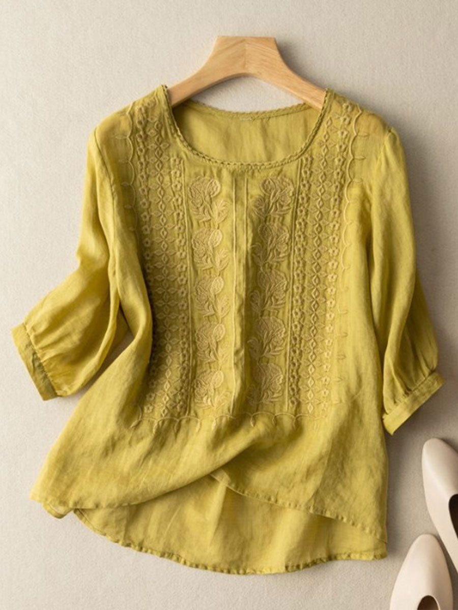 T-shirt décontracté en coton-lin à fleurs pour femmes