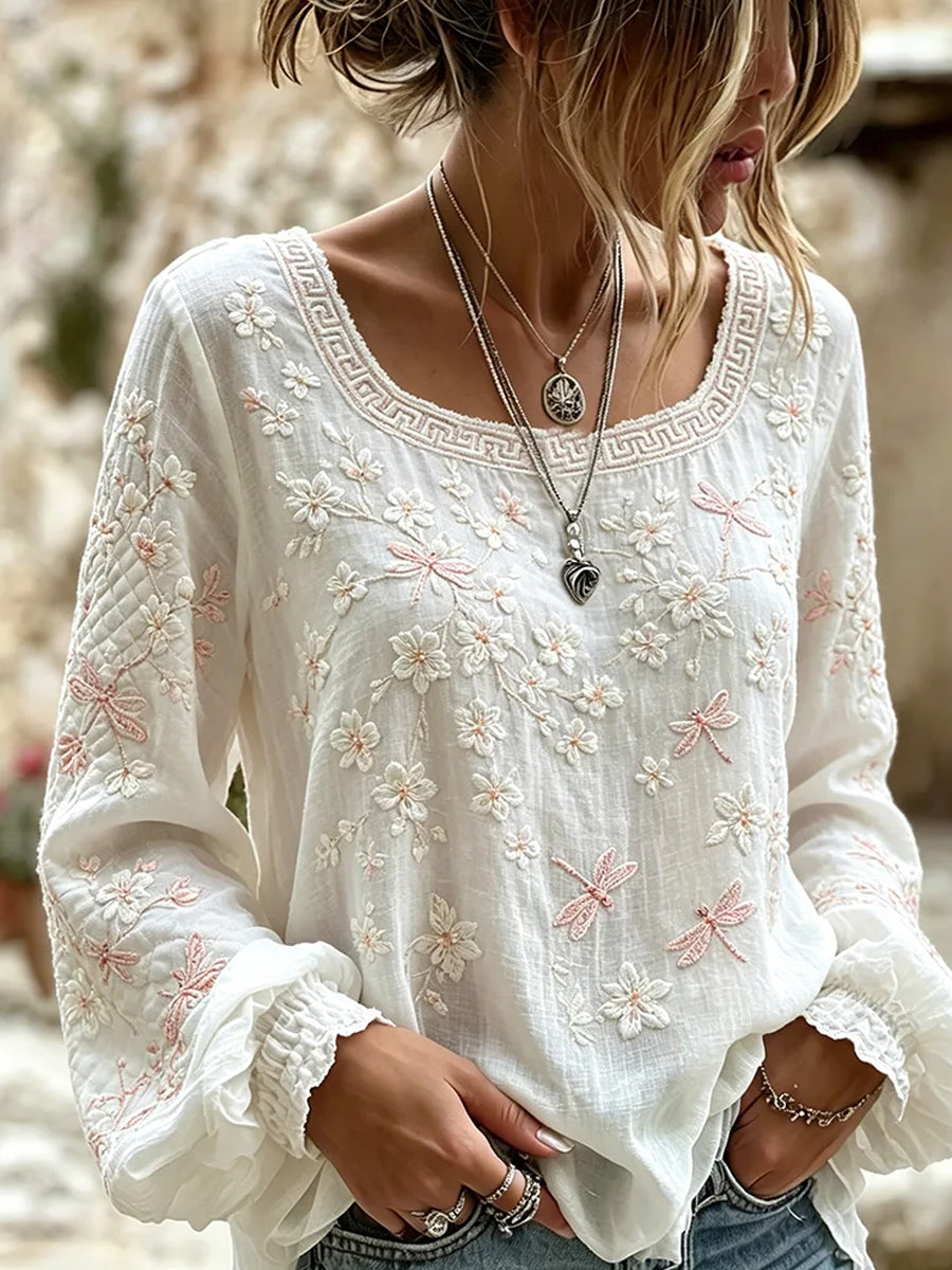 Grid™ | Top informal de algodón y lino con estampado floral vintage